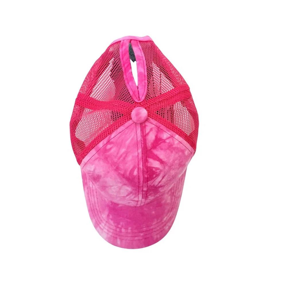 C.C Exclusives Hot Pink Tie Dye Ponytail Mesh Trucker Hat Ball Cap Adjustable